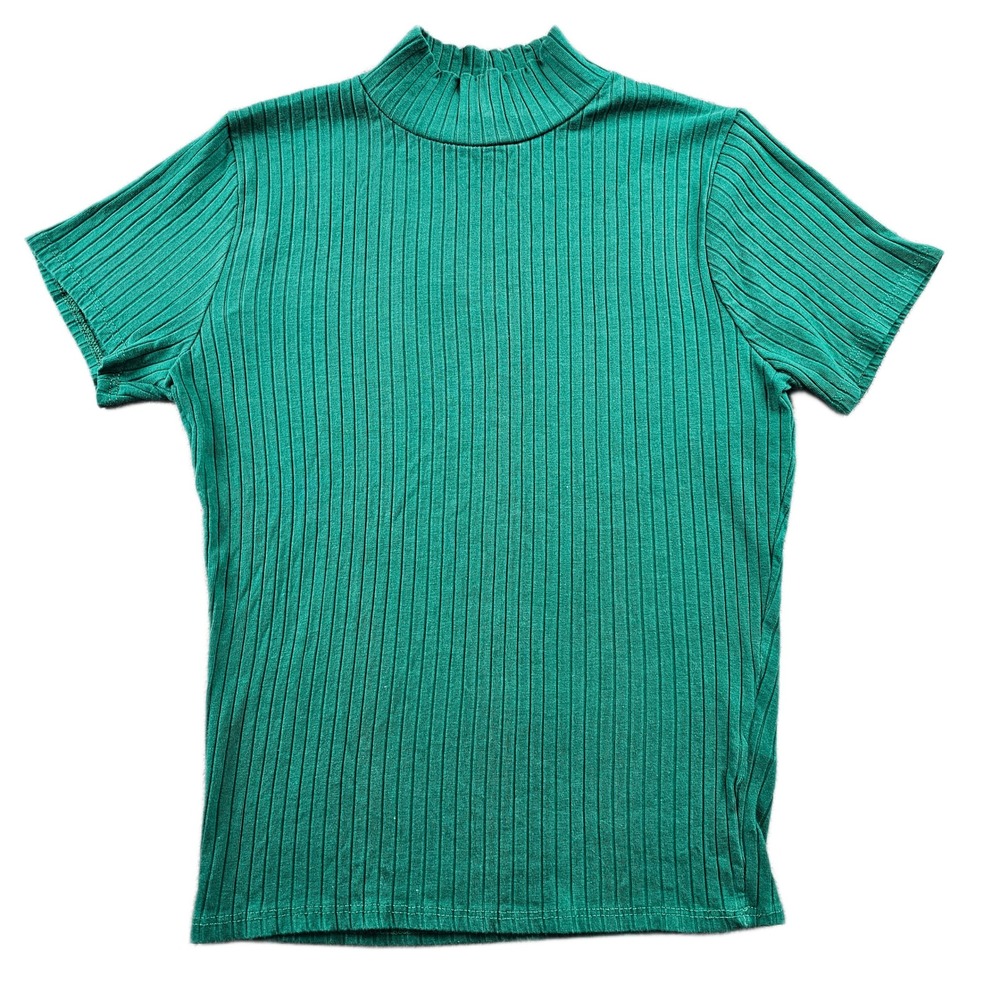 Heart & Hips Ribbed Top Women's S Green Stretch Slim Fit Short Sleeve Pullover